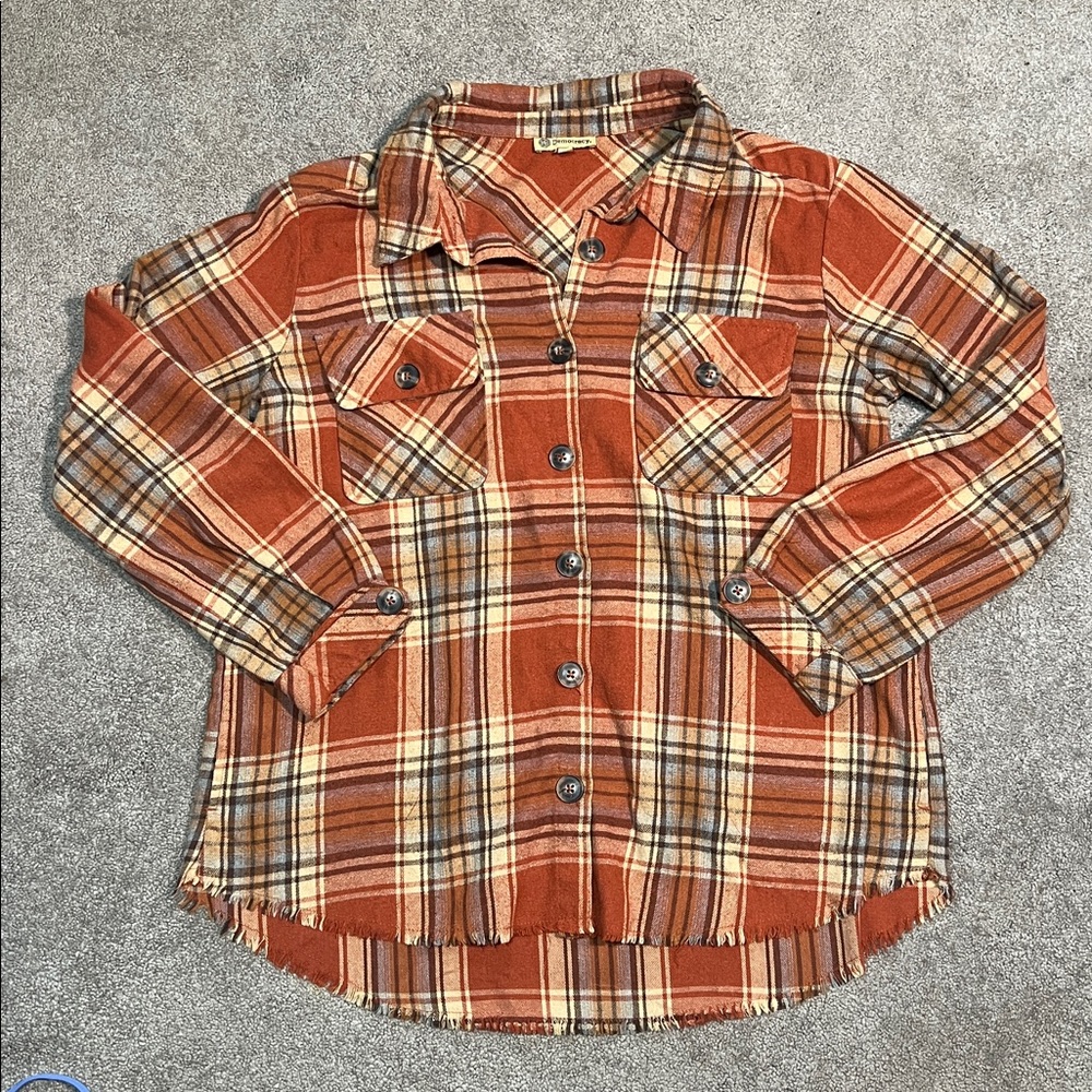 Democracy Flannel Plaid Button Up Shirt with Pockets Raw Hem Orange Size Medium